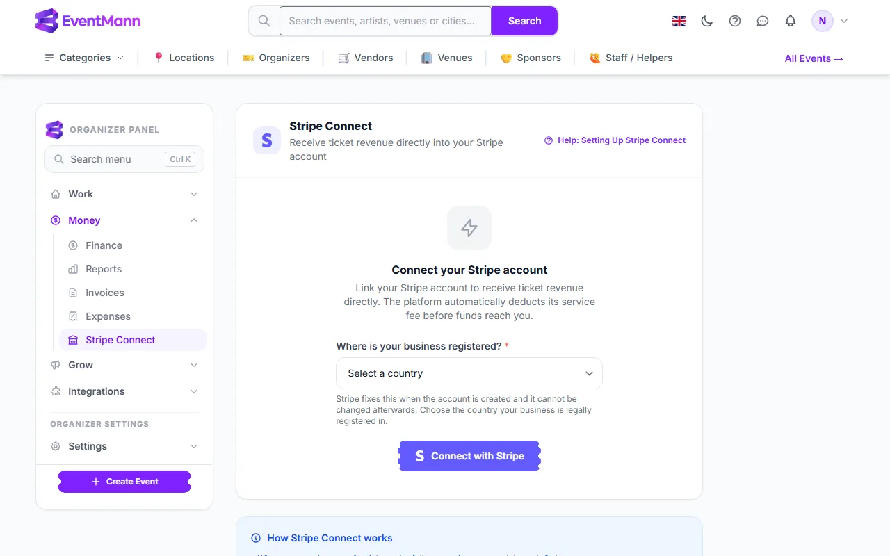 The Stripe Connect page before an account is connected
