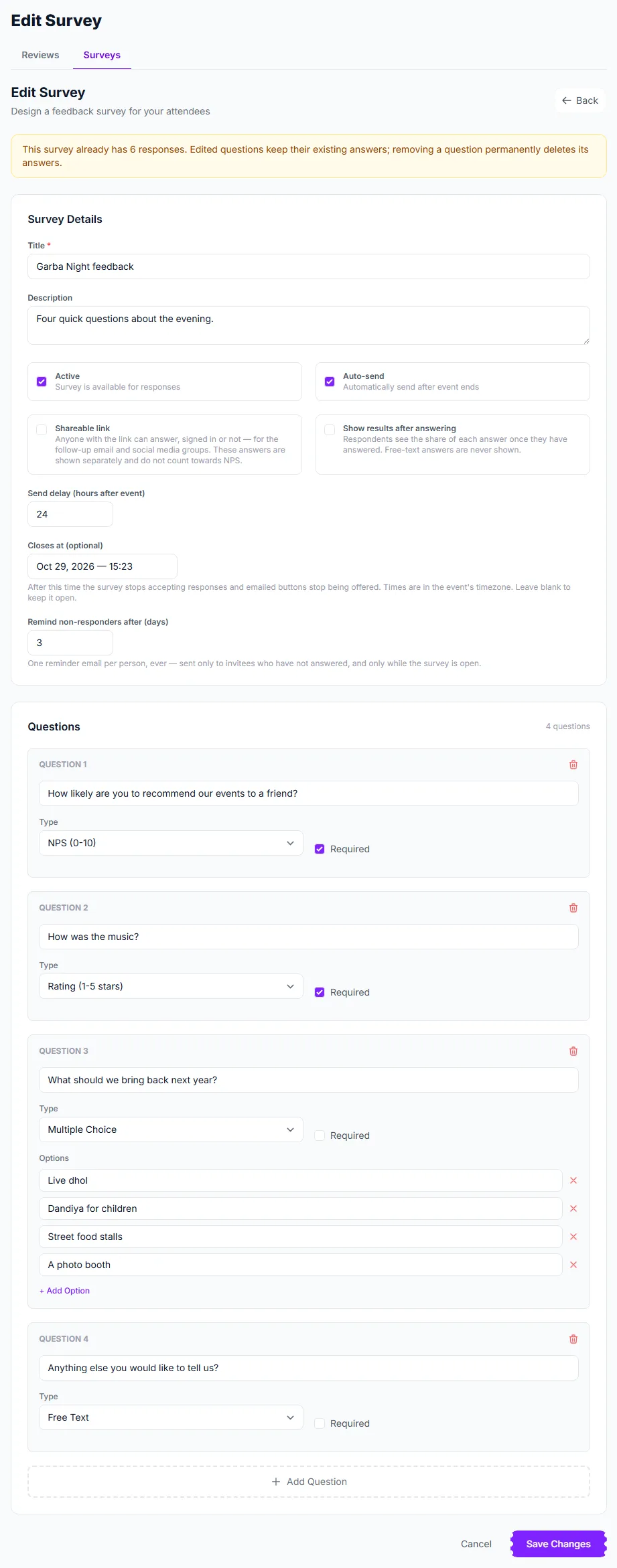 The survey form with title, switches, closing time, reminder and the first question