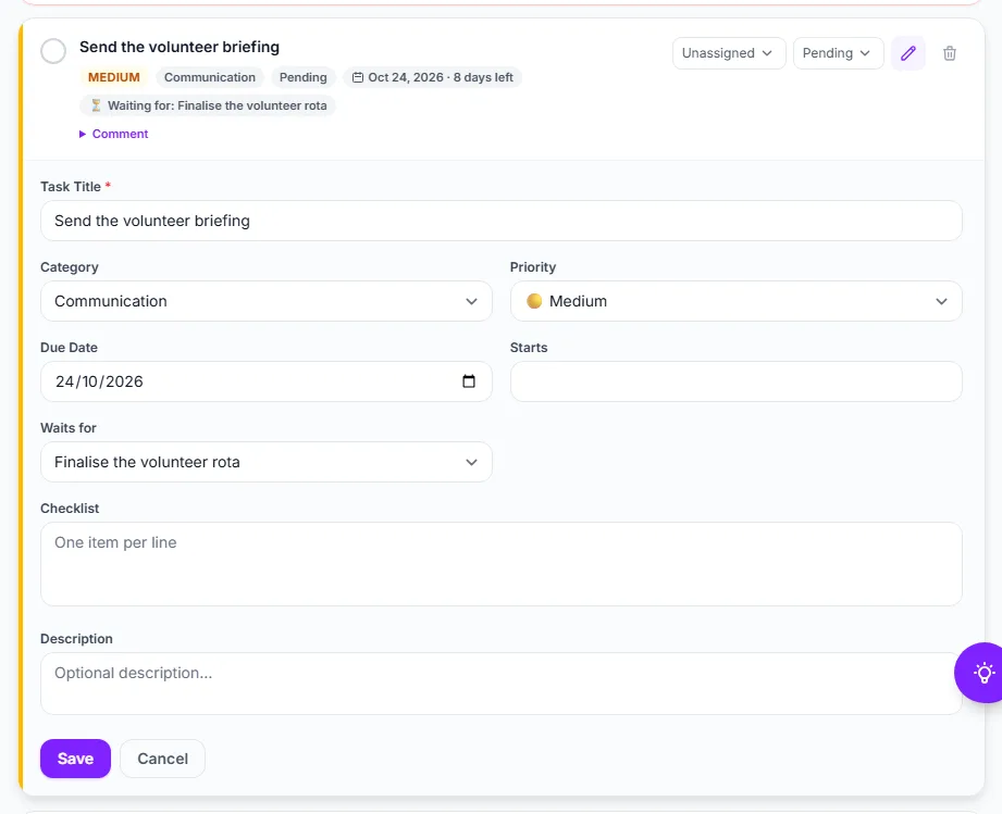 The inline edit form of a task with Waits for and a checklist