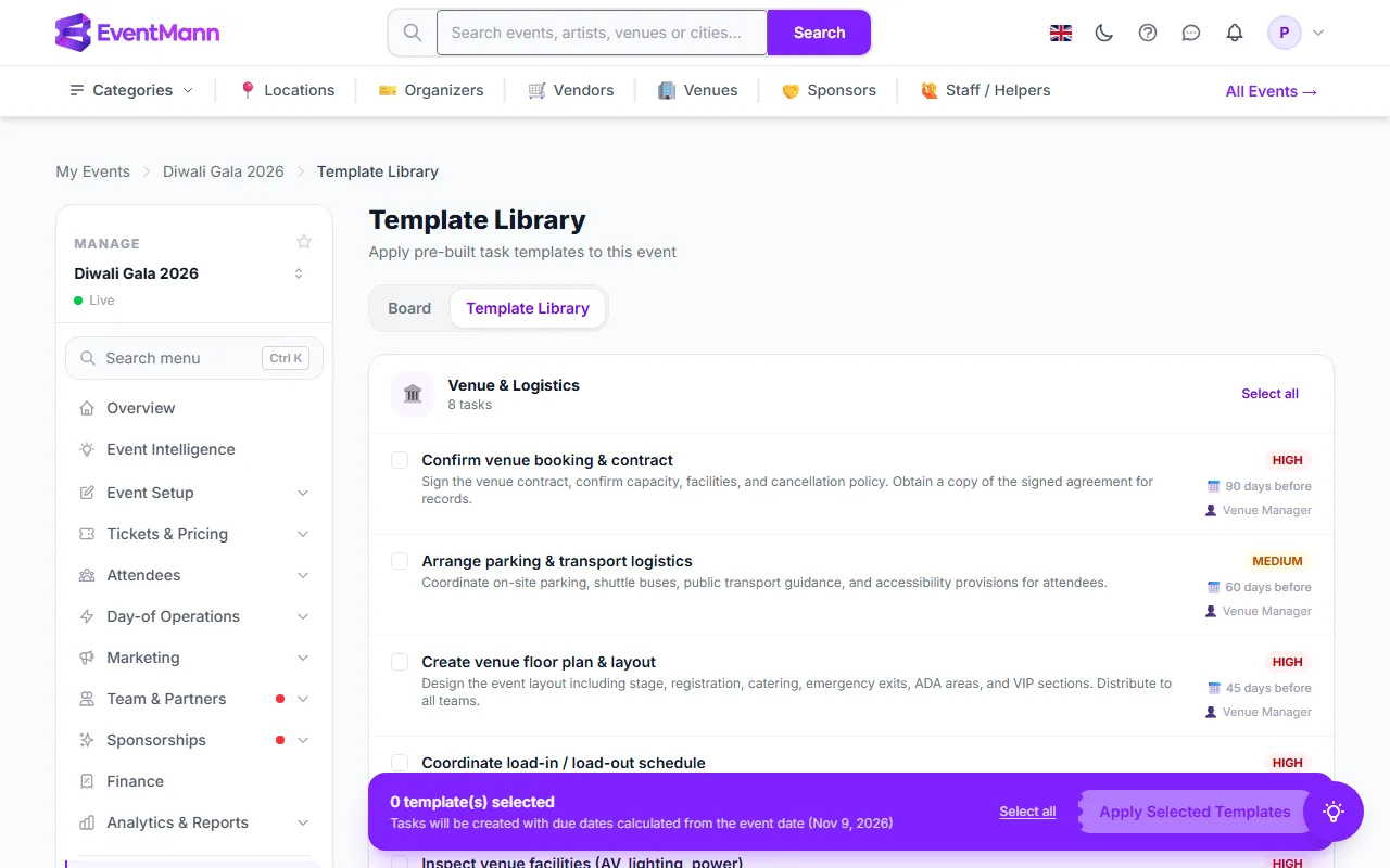 The Template Library with the Venue and Logistics templates