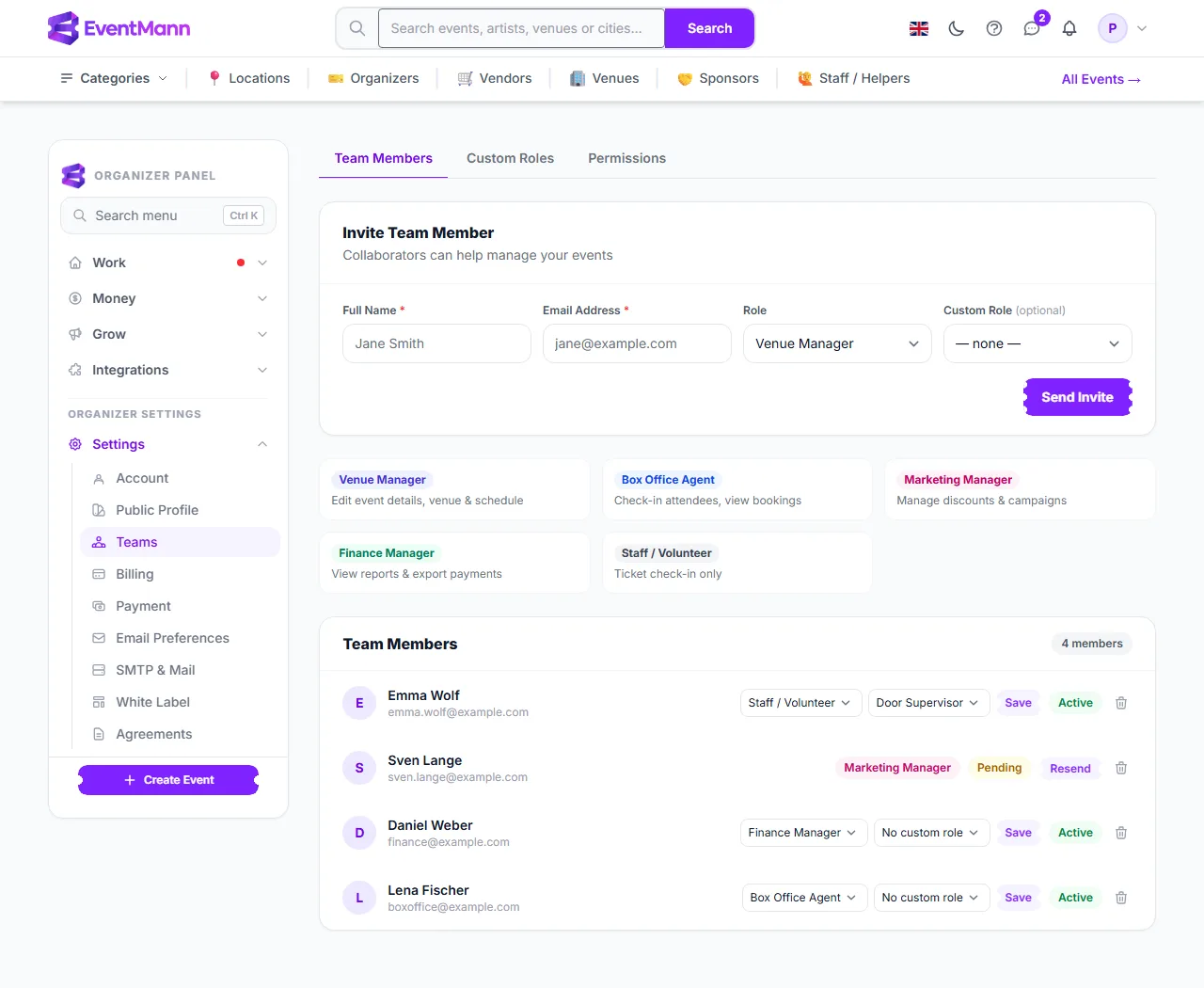 Team Members: the invite form, the five roles and the current team