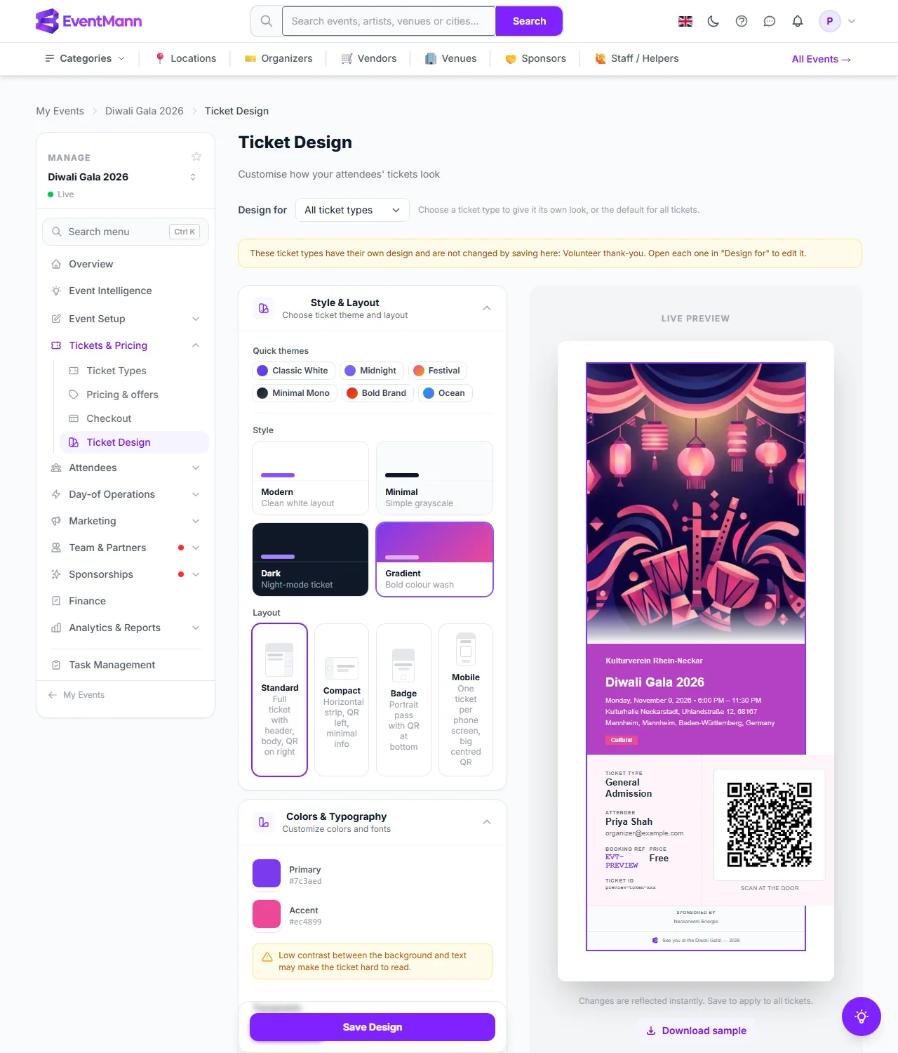The Colors and Typography and Ticket Content panels, open, beside the preview