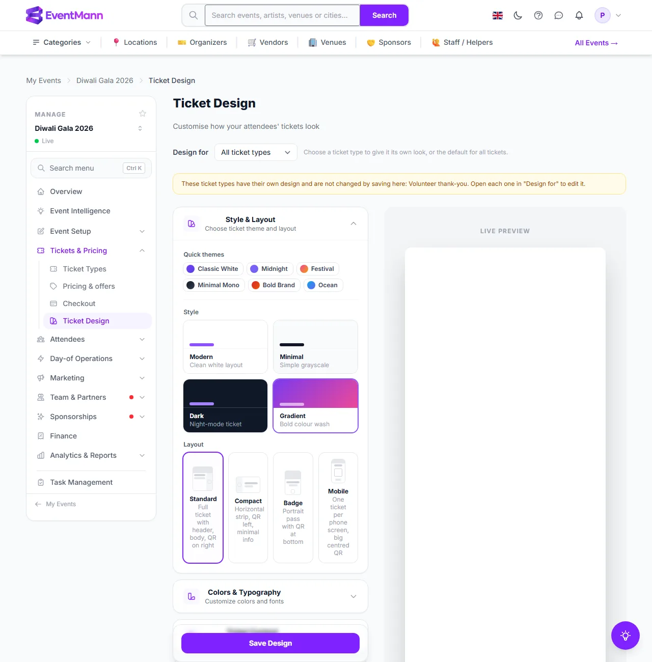 The Ticket Design page with the style and layout choices and the live preview