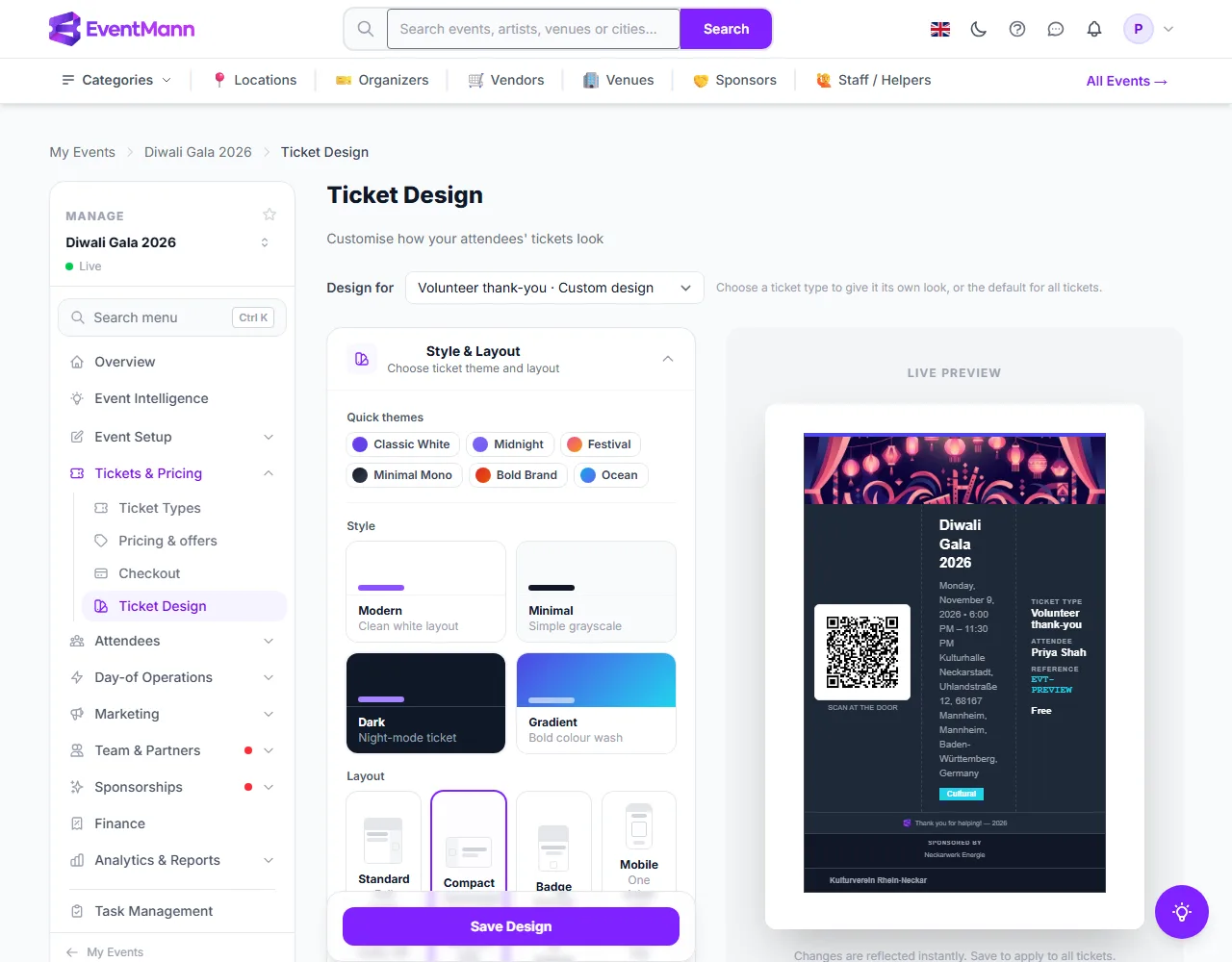 The design of the Volunteer thank-you ticket type: dark style, compact layout