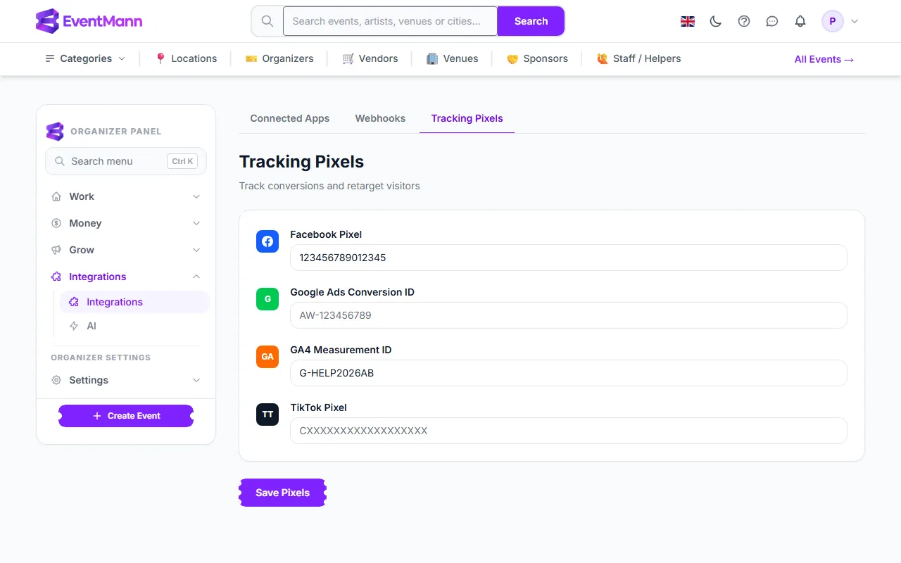 The Tracking Pixels tab with the four ID fields