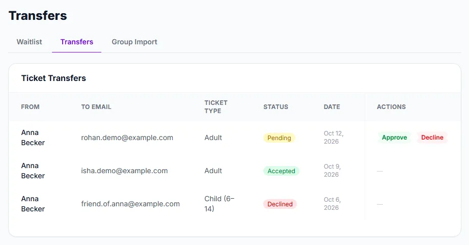 Three transfer requests: one pending with Approve and Decline, one accepted and one declined