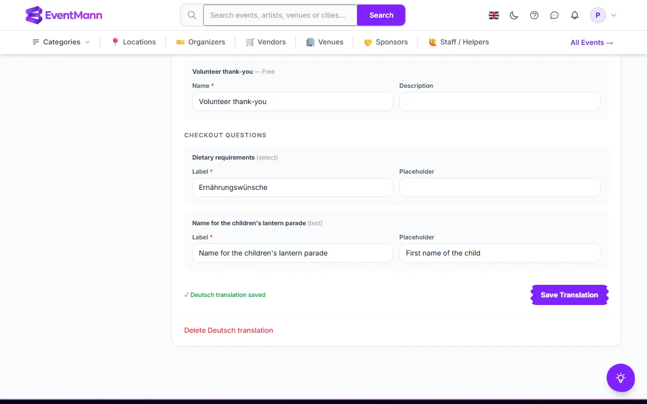 Checkout questions, the Save Translation button and the delete link