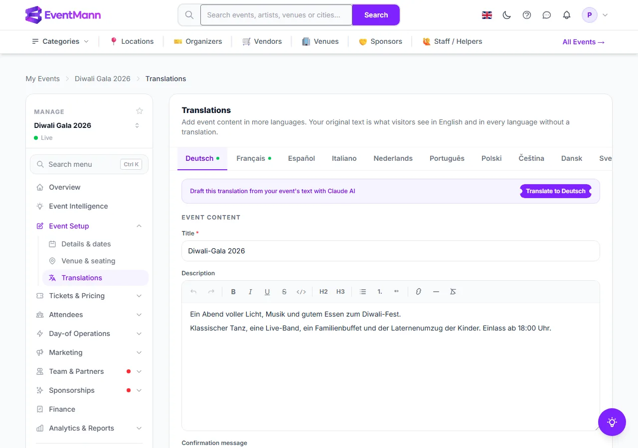 The language tabs, the AI bar and the title field of the German tab