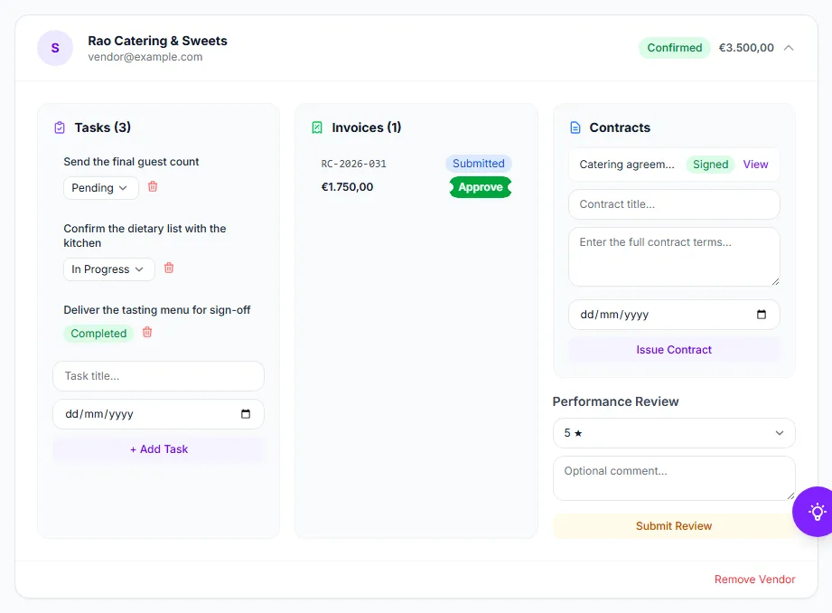 One vendor opened: tasks, an invoice waiting for approval, a signed contract and the review