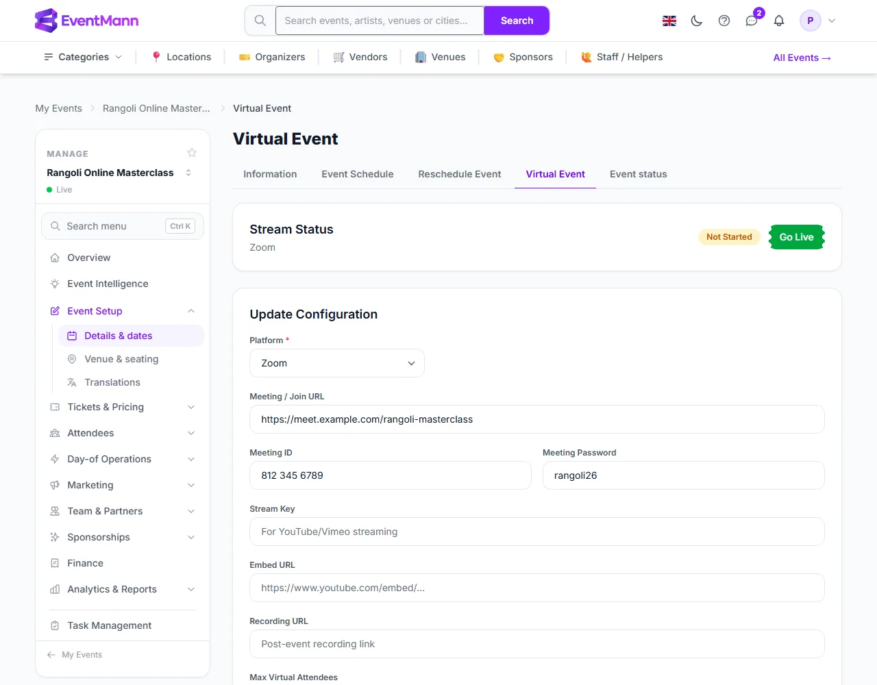 The Virtual Event tab with a configured Zoom session