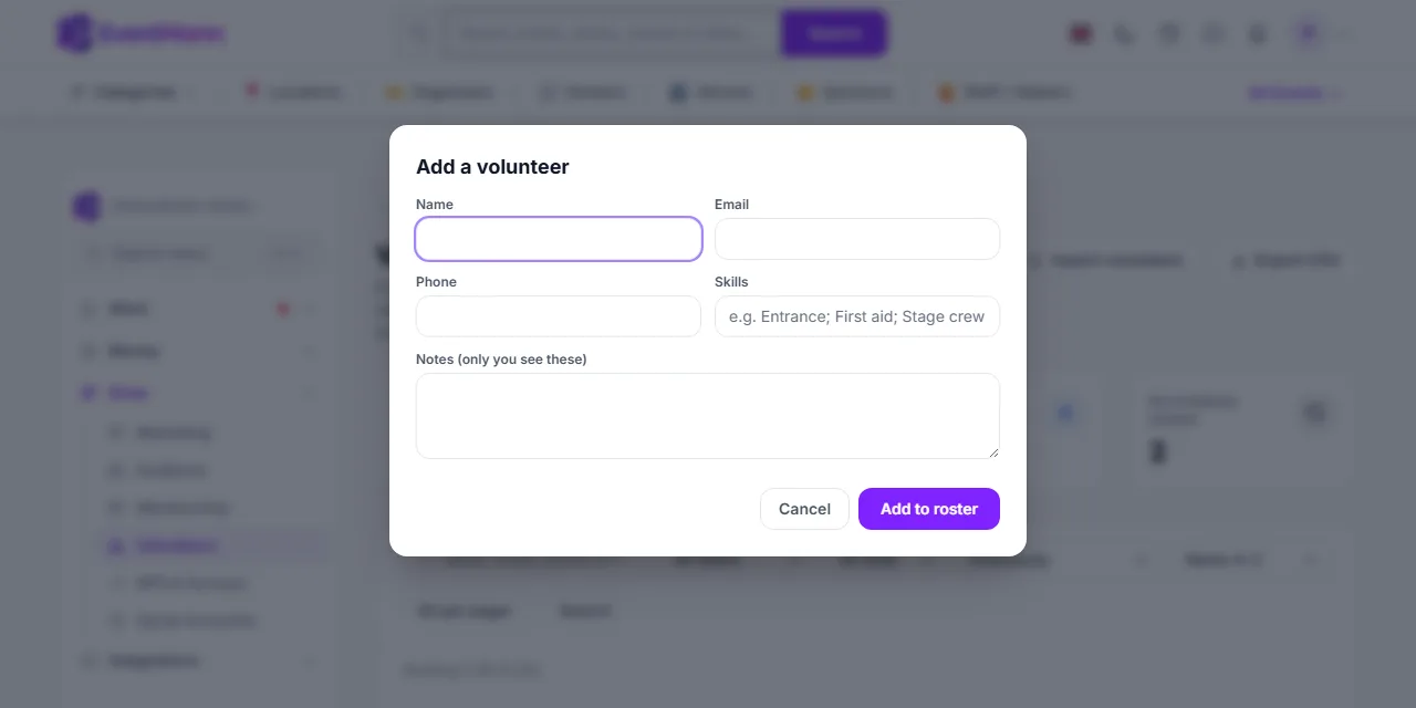 The Add a volunteer dialog