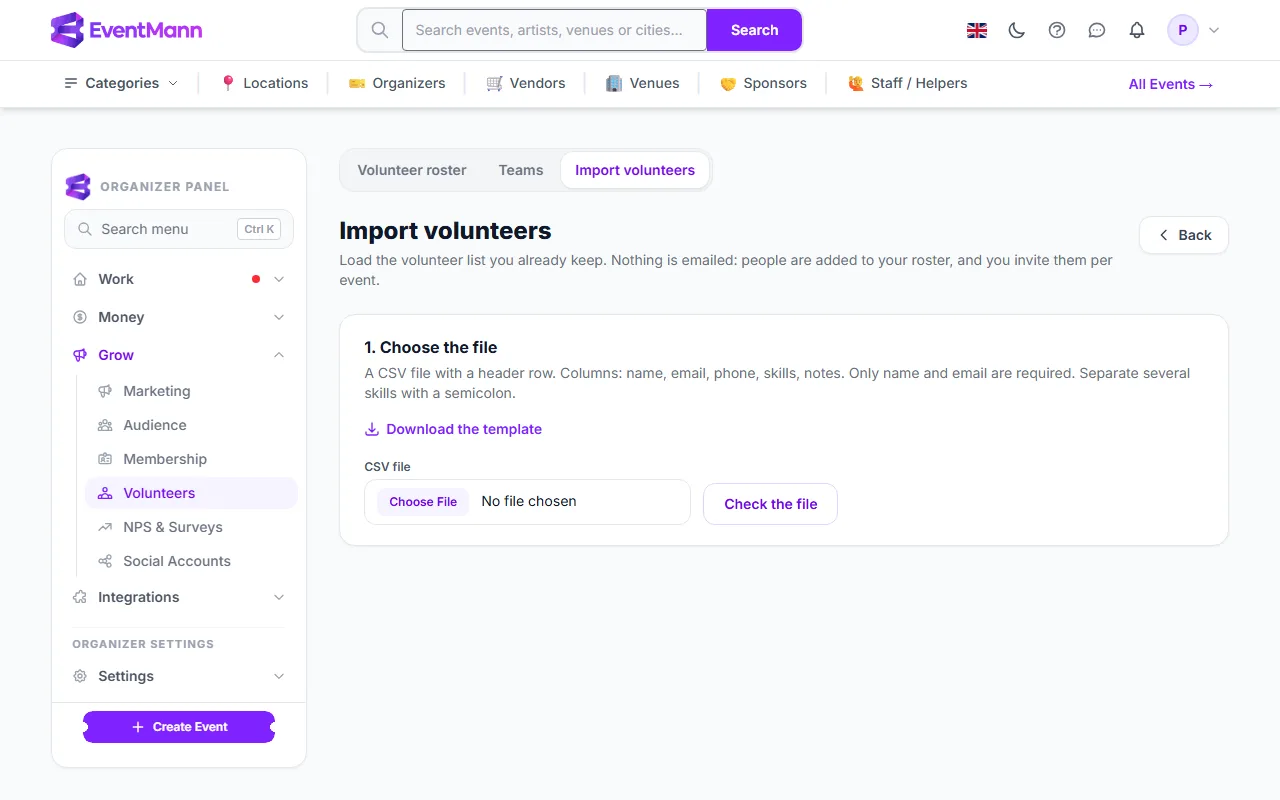 The Import volunteers page with the template link, the file field and Check the file