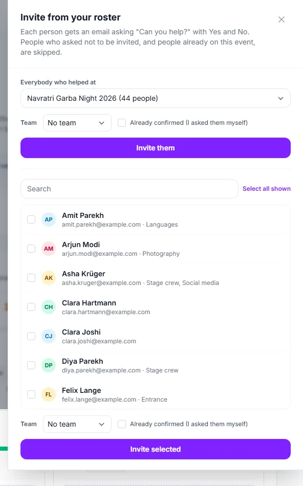 Invite from your roster: everybody from an earlier event, or the people you tick
