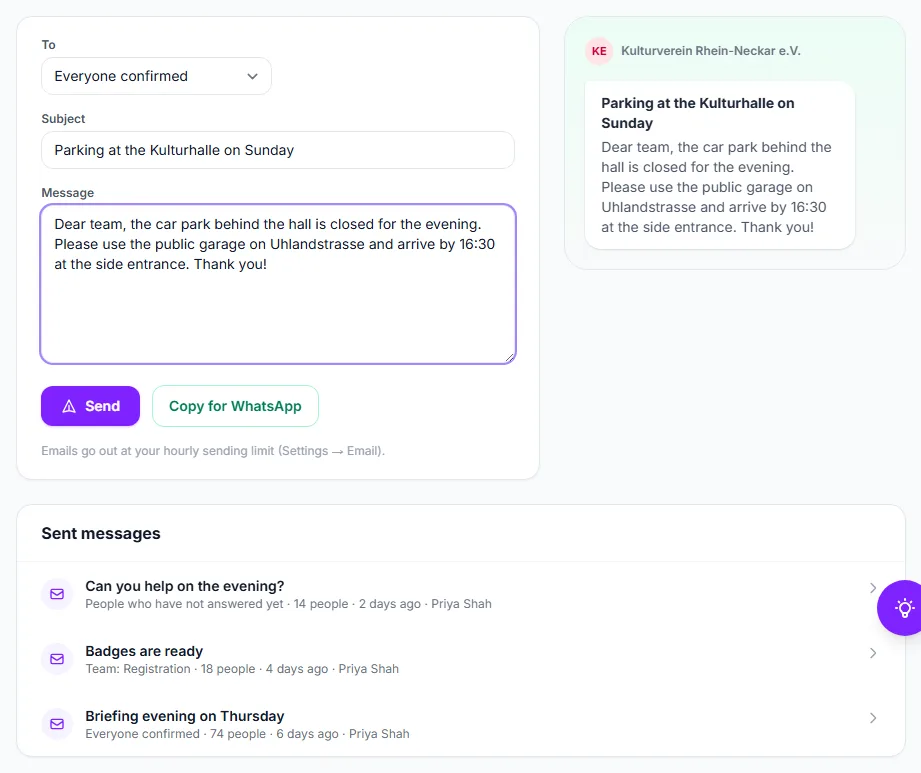 The Messages tab with a message written and the history of earlier ones
