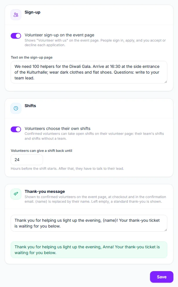 The volunteer settings of an event