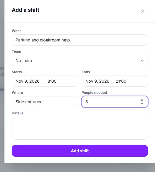 The Add a shift form
