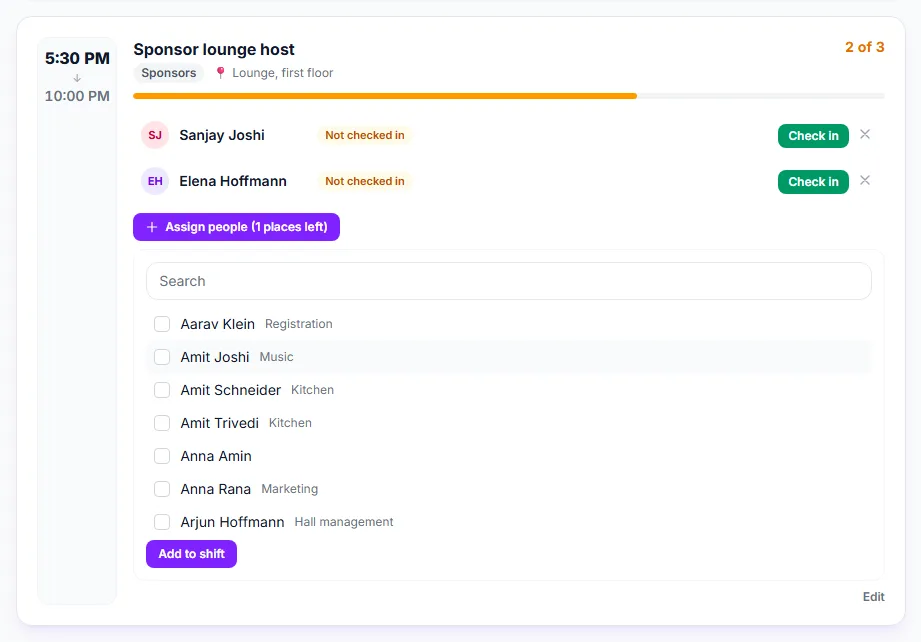 A shift with the assign list open