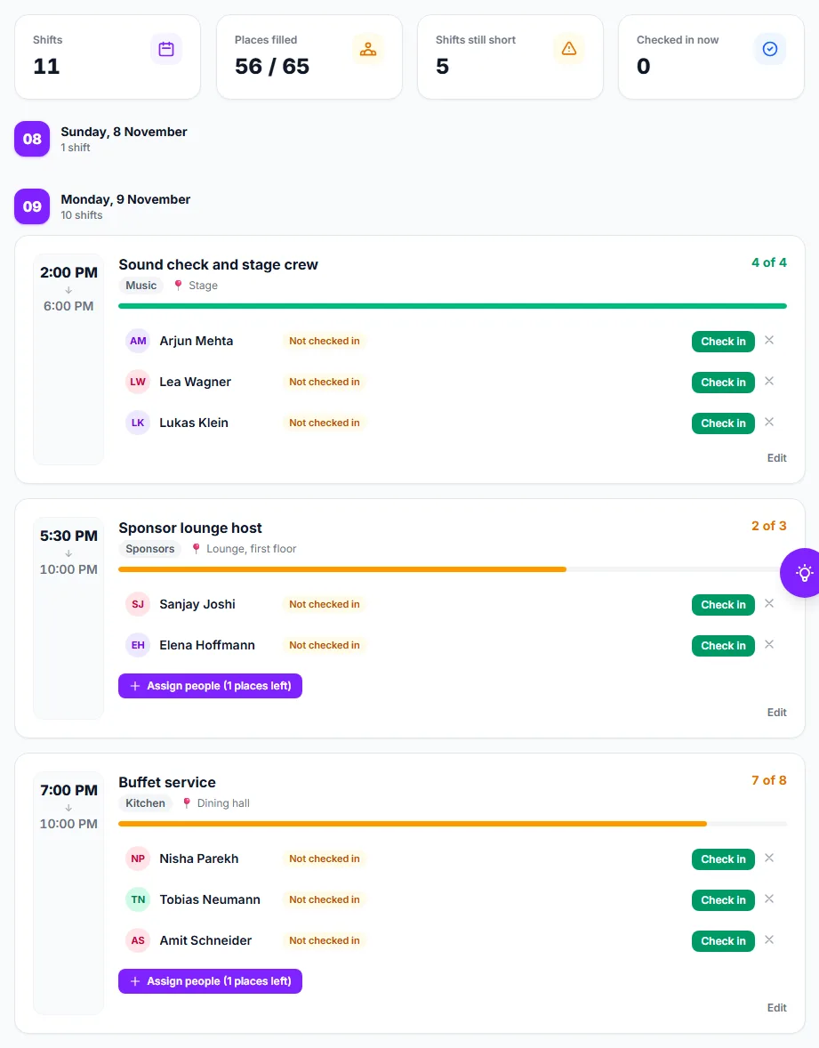 Three shifts with their people, the check-in links and the Assign people button