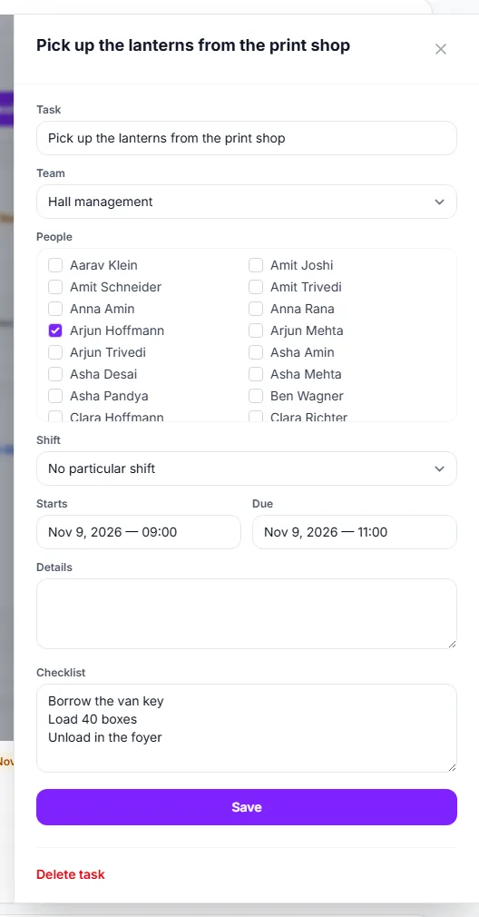 The edit form of a task with people, shift, times and a checklist
