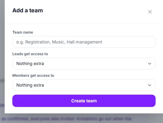 The Add a team form with the two access dropdowns