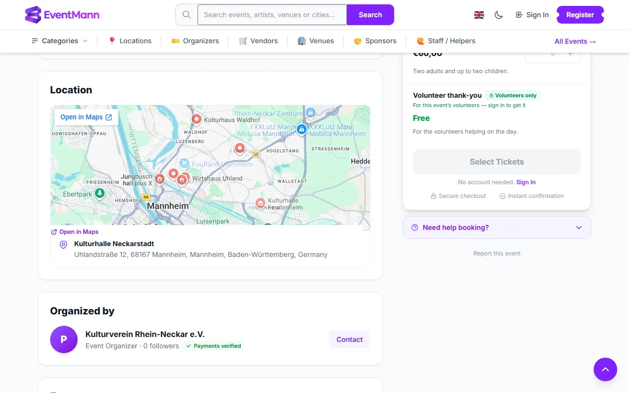 The event page for a visitor, with the locked Volunteers only ticket