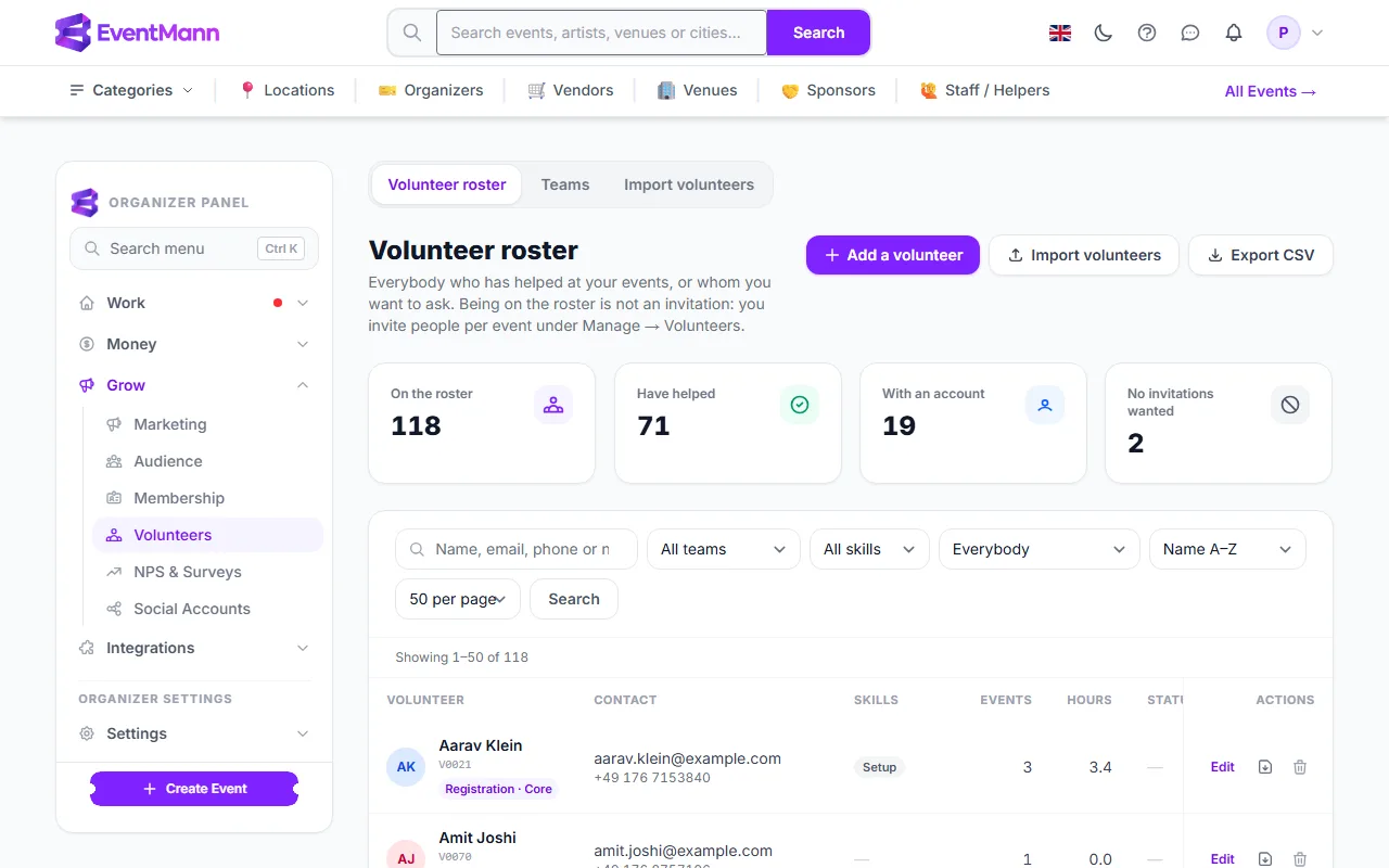The organizer sidebar with Volunteers under Grow, and the three pages across all events: roster, Teams and Import volunteers