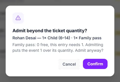 The confirmation Approve shows when the Family pass has no free place: the entry, the shortfall, and Confirm