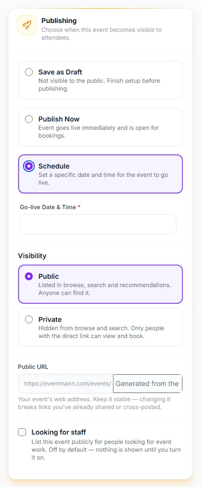 The Publishing card with Schedule selected