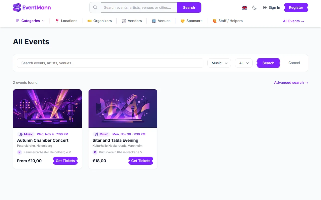 The Events page filtered to the Music category, with the category and date lists above the results
