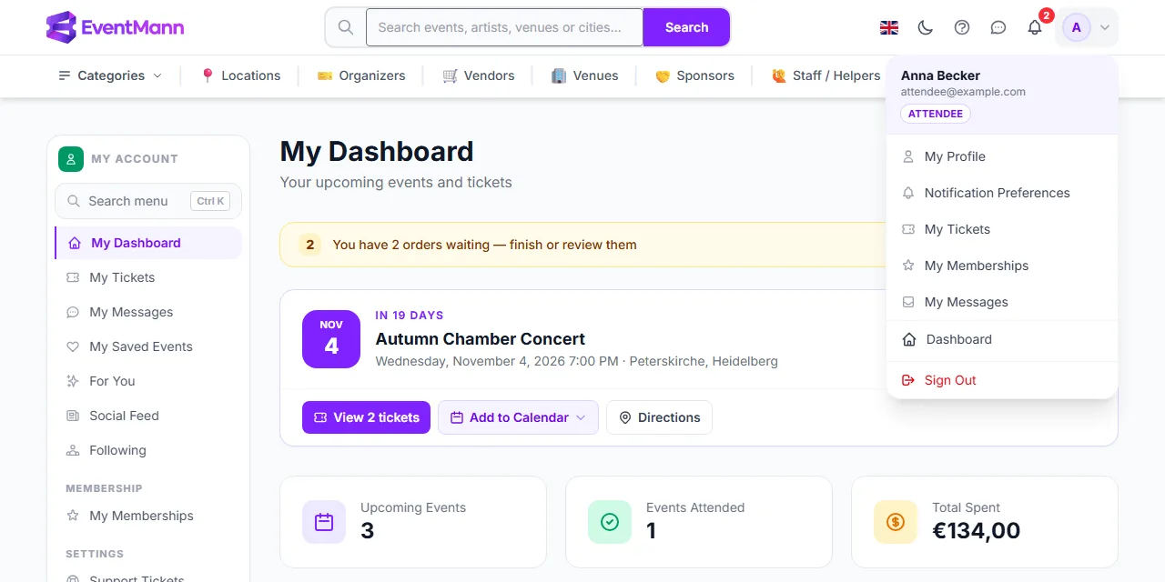 The avatar menu with links to profile, notification preferences, tickets, memberships, messages, dashboard and sign out