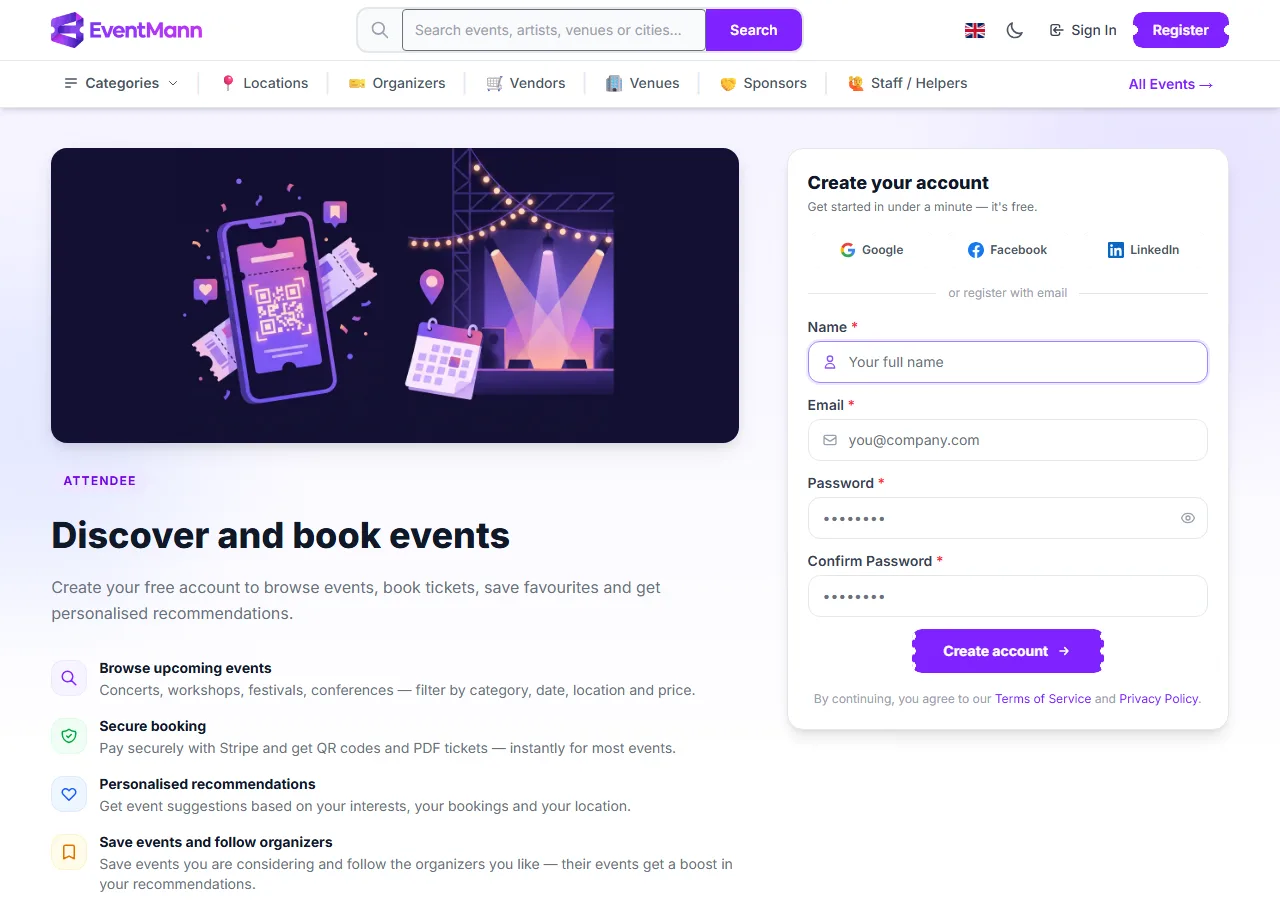 The registration page with Google, Facebook and LinkedIn buttons and the email form