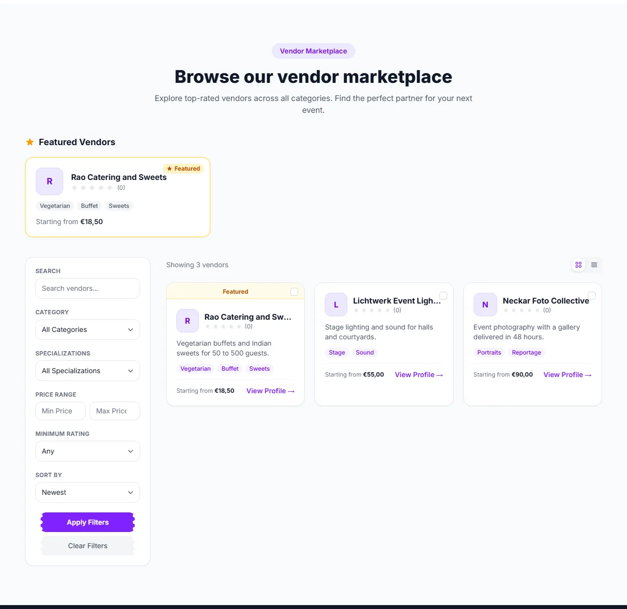 The vendor marketplace with featured vendors, search and filters, and a list of vendors