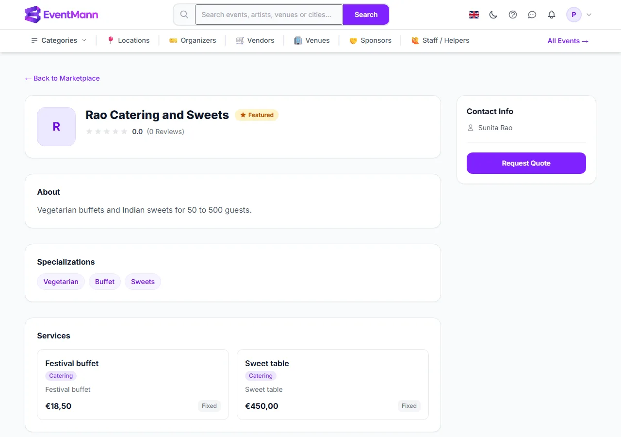 A vendor profile with its services and prices and the Request Quote button