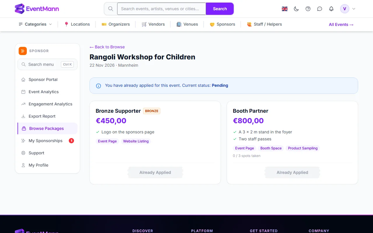 An event page after applying: the status note and the disabled buttons