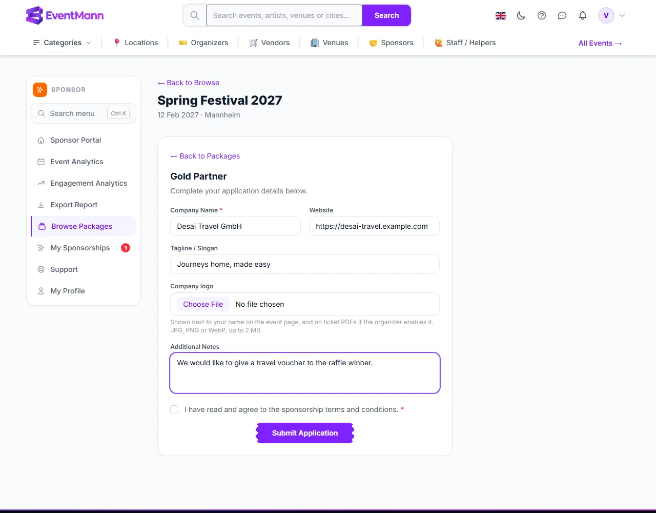 The application form for the Gold Partner package