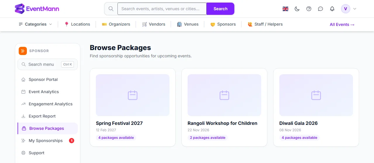 The list of events with open sponsorship packages