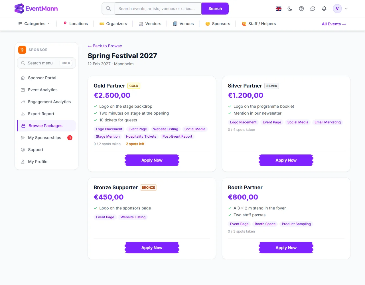 An event page with four sponsorship packages