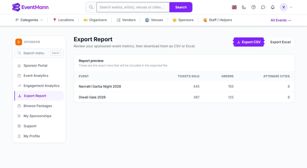 The Export Report page with the two download buttons and the preview table