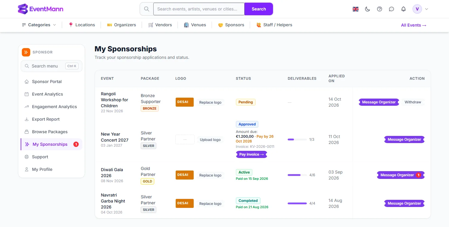 The logo column: one sponsorship still without a logo, one with a logo