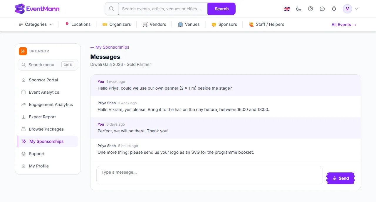 A message thread with the organizer, with the reply box at the bottom