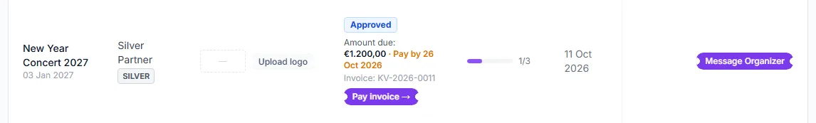 An approved sponsorship with the amount due, the deadline and the Pay invoice button