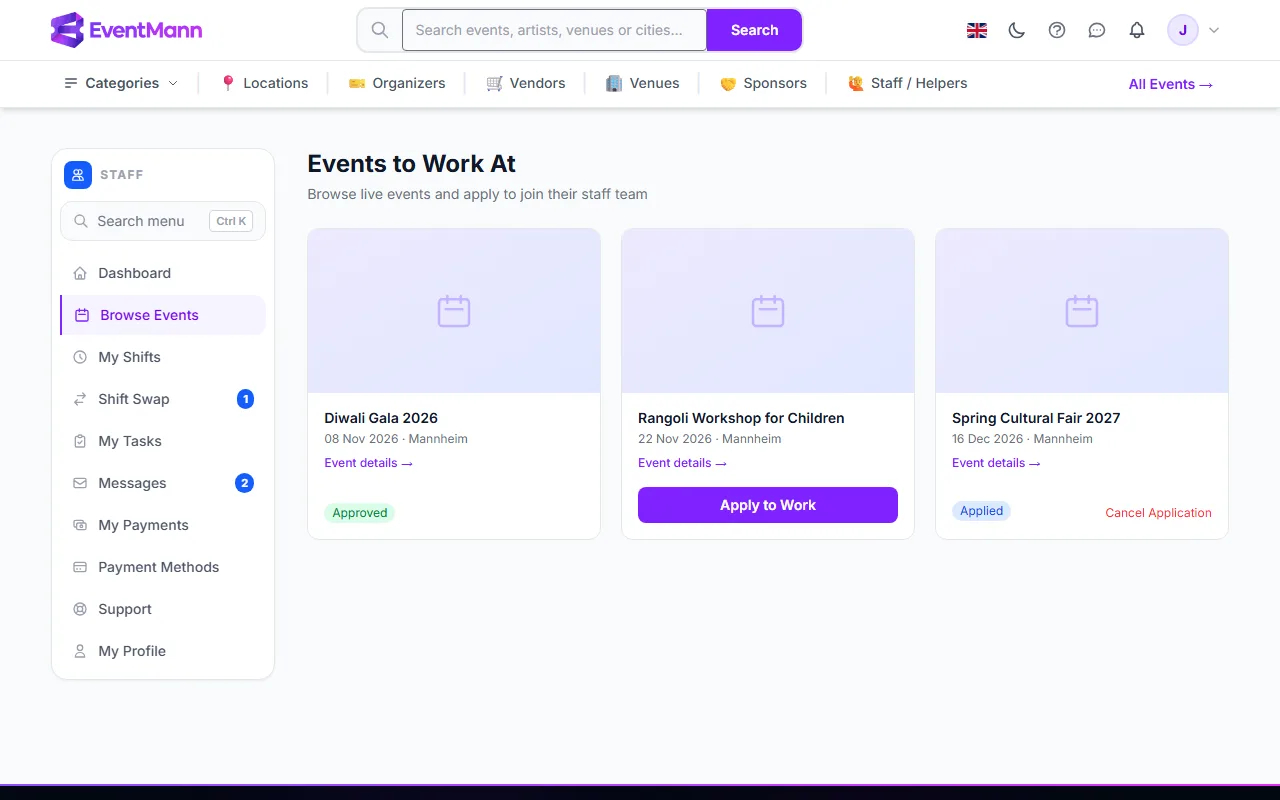 Browse Events with an approved event, an event to apply to and an application still waiting