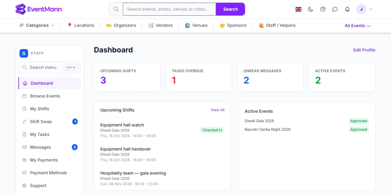 The staff dashboard: the sidebar on the left, four counters and your next shifts