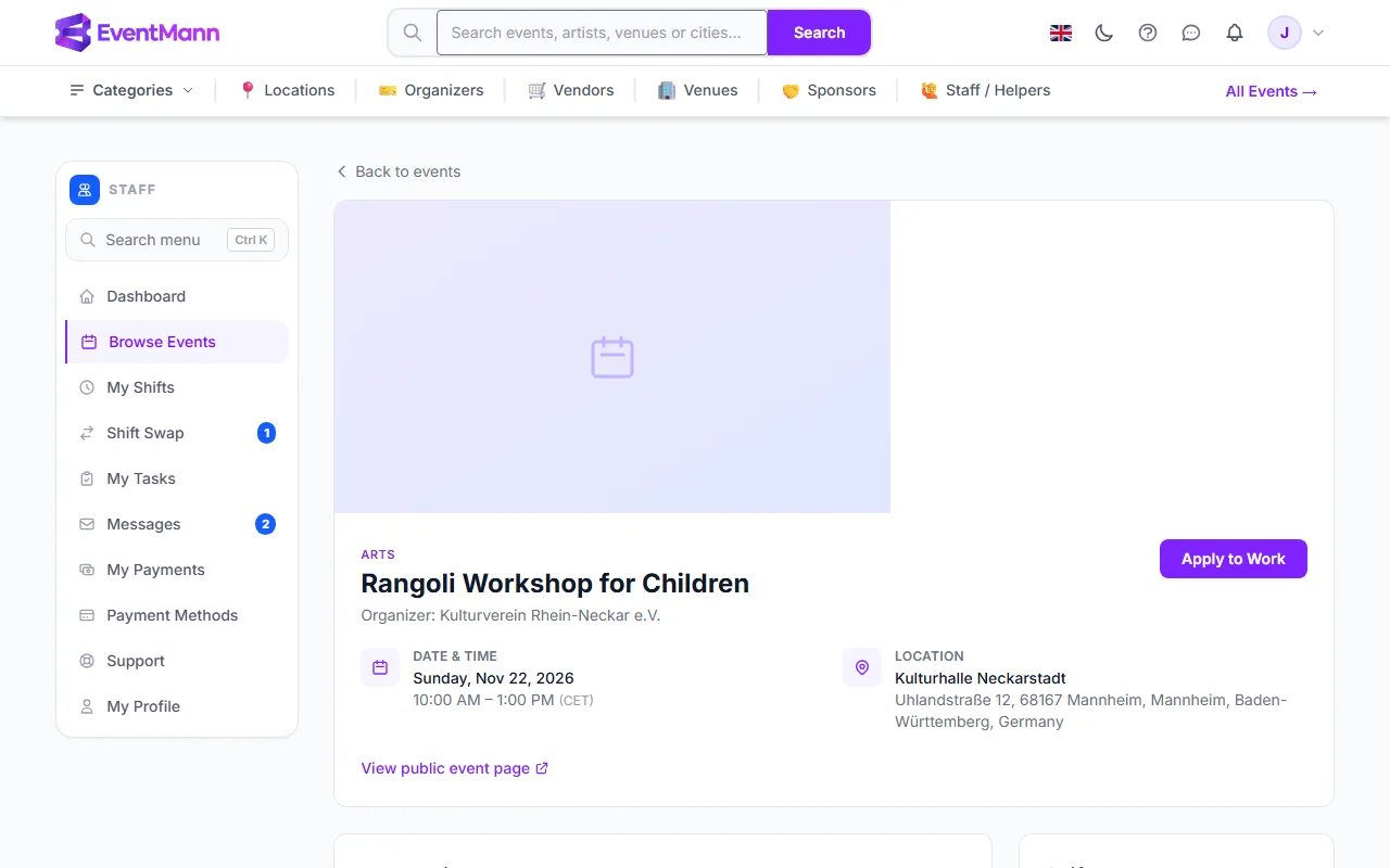 An event you have not applied to yet: the Apply button, the public page link and the shifts panel