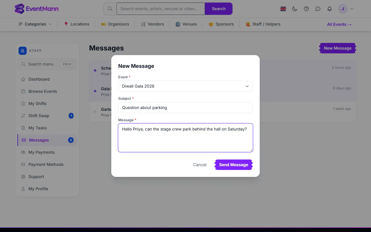 The New Message window with the event, subject and message filled in