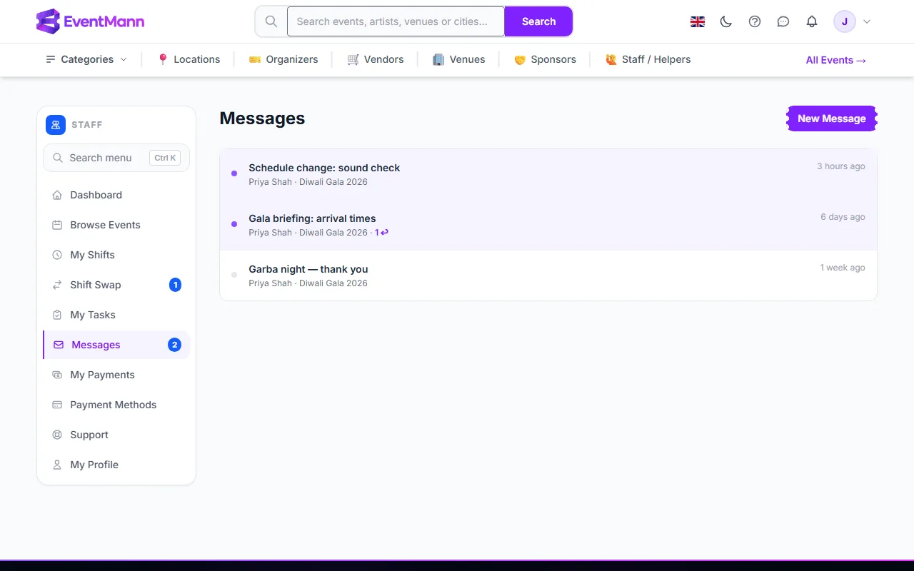 The inbox: unread threads have a dot, and a thread with new replies shows a counter