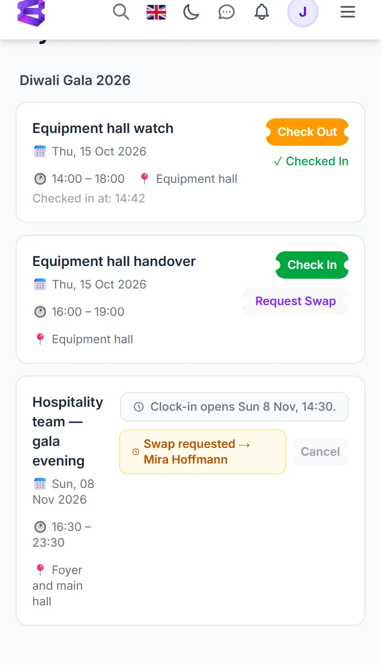 My Shifts on a phone: Check Out for the shift in progress, Check In for the next one