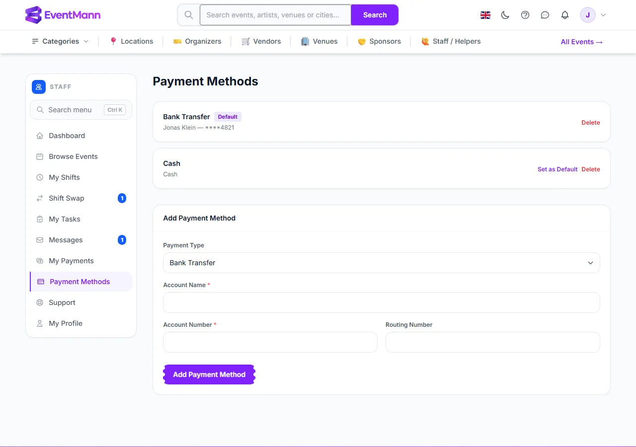 Two saved methods, one marked as default, and the form to add another