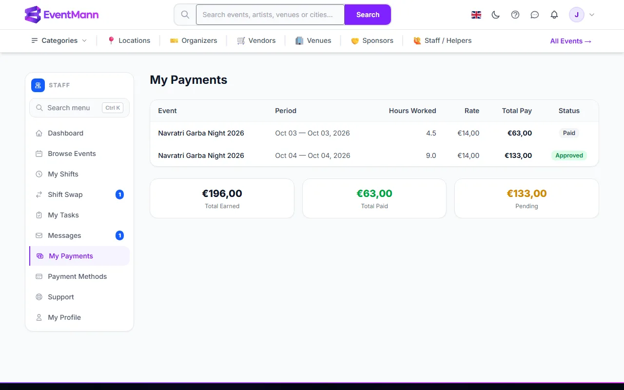 My Payments: one paid period, one approved period and the three totals