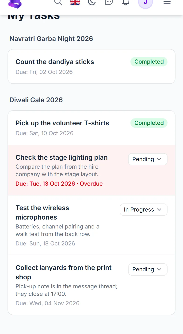 My Tasks on a phone: the status dropdown sits beside each task